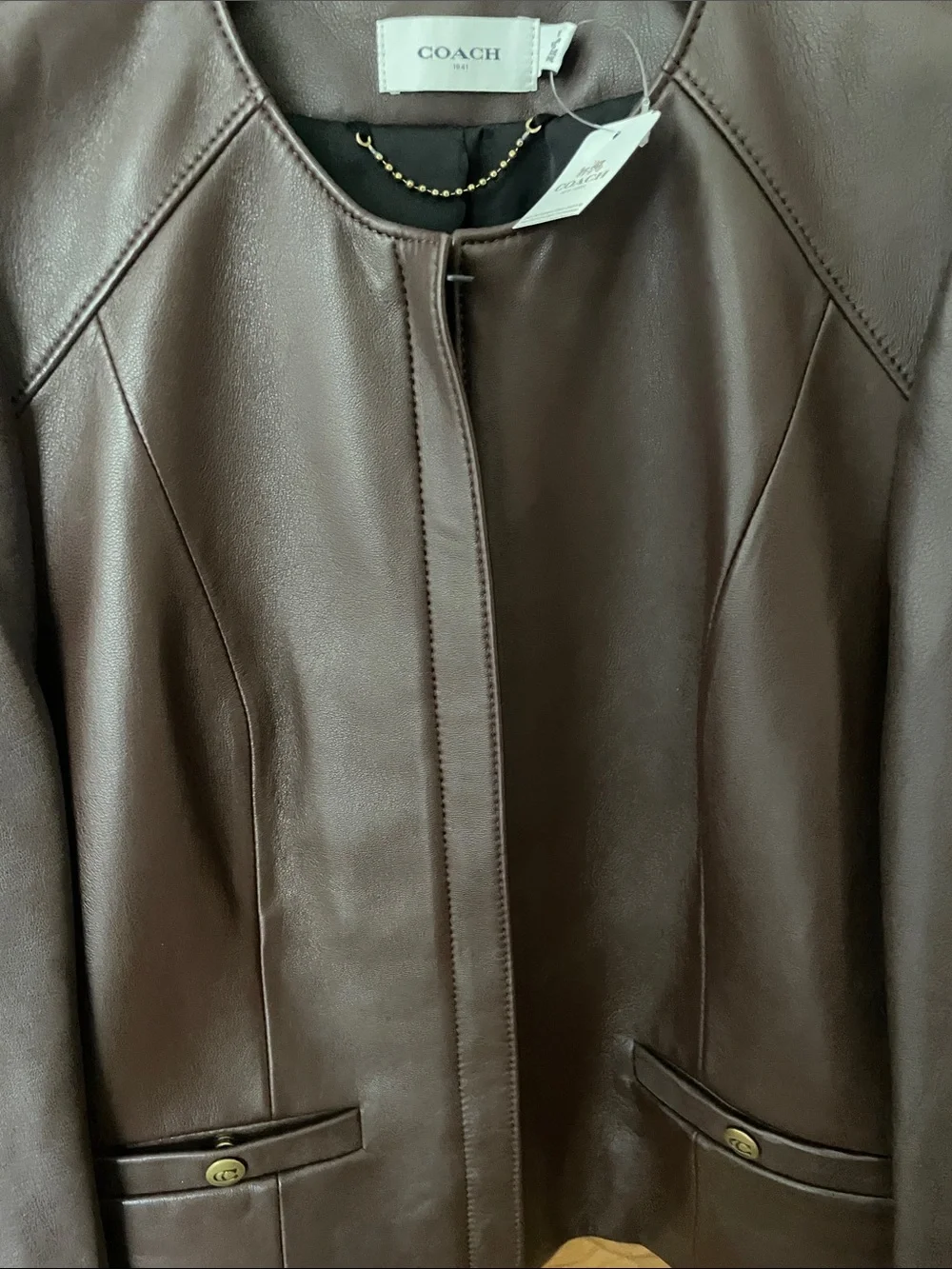 Coach Women's Dark Brown Collarless Leather Jacket